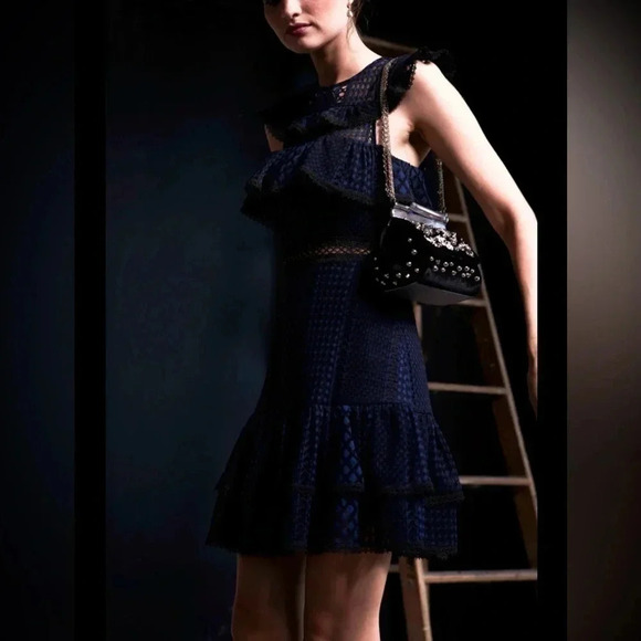 Jay Godfrey Ruffle Lace Dress black and dark blue size 10 excellent condtion - Picture 3 of 14